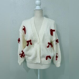 Luna Ivy Womens 3D Bow Cardigan Sweater Size Medium Cream Red Ribbon Relaxed